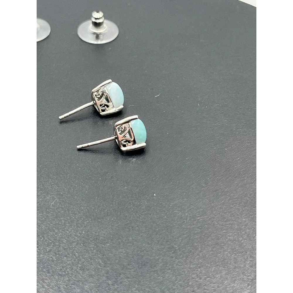 Sterling Silver Ocean Blue Larimar Rounded Triangular Prong‎ Stud Earrings